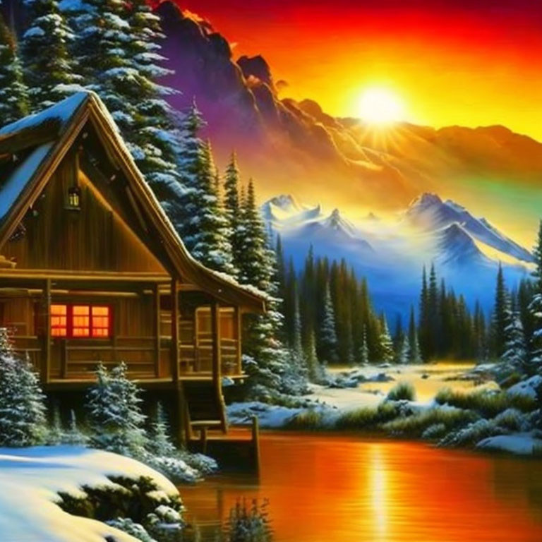 Winter cabin by river with snow-covered trees & mountains at sunset