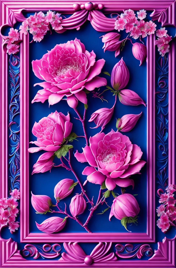 Detailed vibrant pink flowers and buds on deep blue background in ornate pink frame