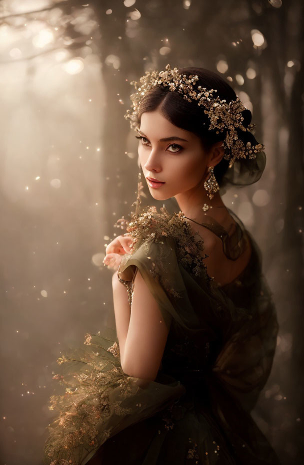 Vintage gown woman in mystical forest with firefly-like particles