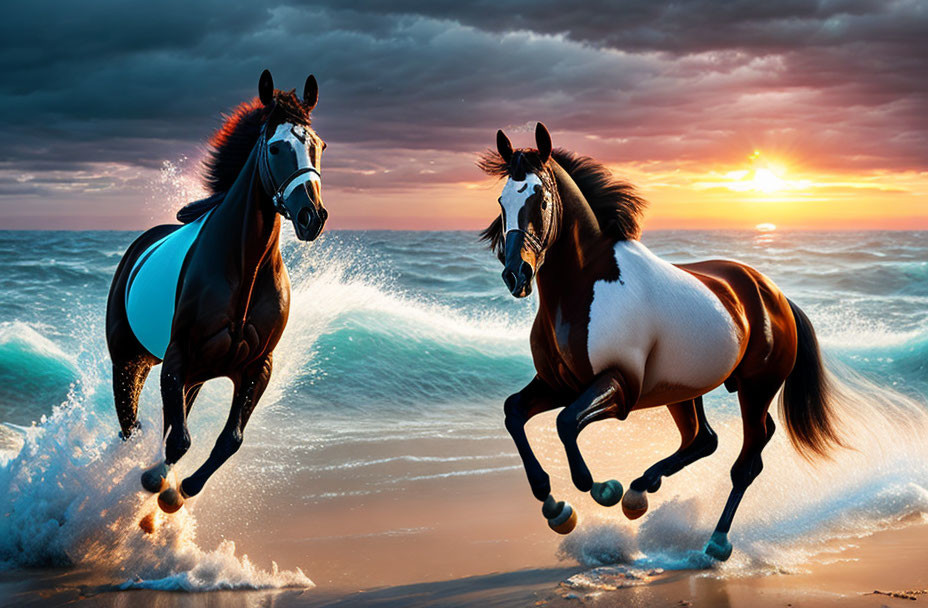 Two galloping horses on beach with crashing waves at sunset