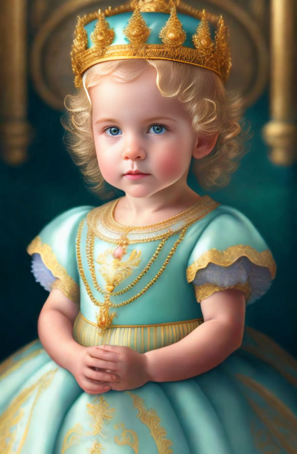 Young Child in Golden Crown and Blue Dress with Blue Eyes and Curly Blond Hair