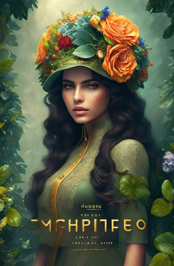 Digital portrait of woman in floral hat and green dress with Cyrillic text.