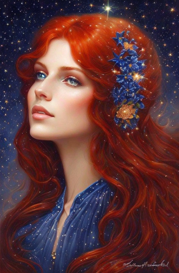 Digital art portrait of woman with long wavy red hair and blue eyes adorned with starry flowers on