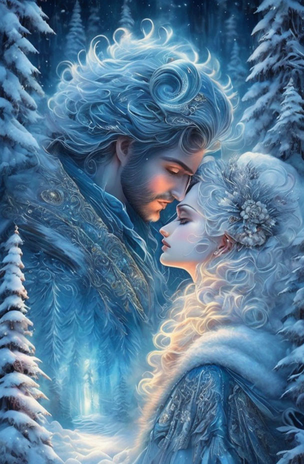 Fantastical illustration of couple in ornate, icy blue attire sharing intimate moment in snow-laden