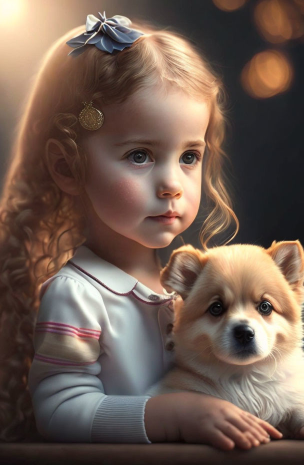 Young girl with curly hair embracing fluffy corgi puppy in soft lighting