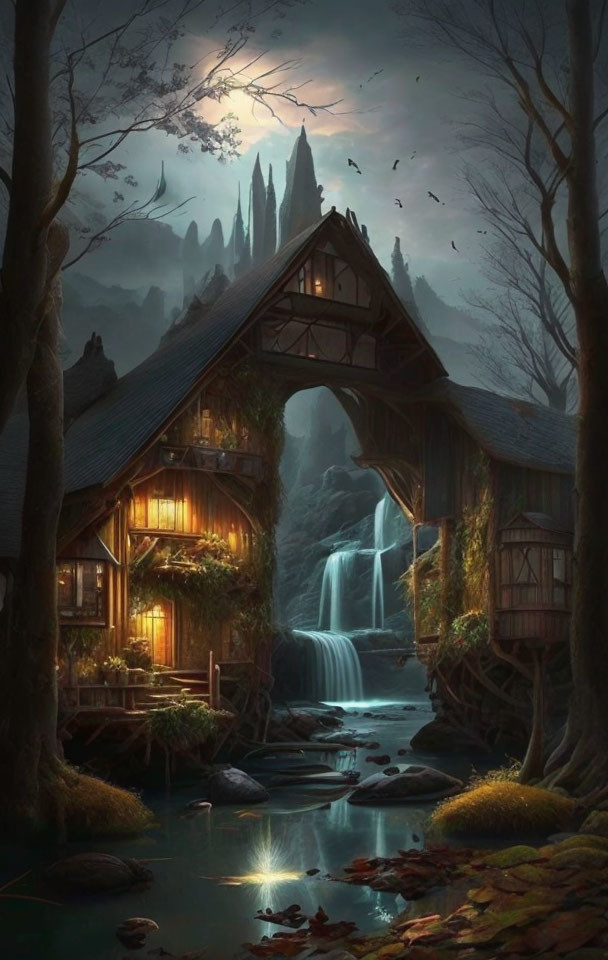 Rustic bridge over stream with waterfall, cozy cottages, birds in serene twilight scene