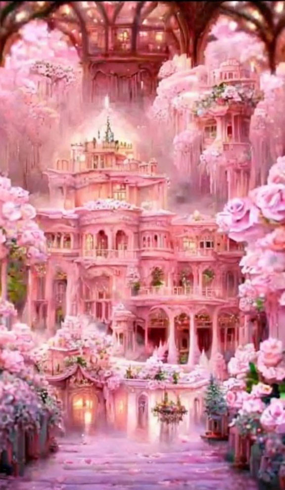 Pink Castle Surrounded by Cherry Blossoms and Roses