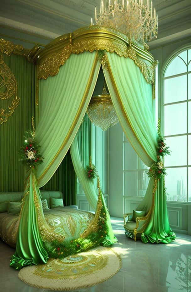 Luxurious Room with Tall Windows, Green Curtains, Floral Decor, and Crystal Chandelier