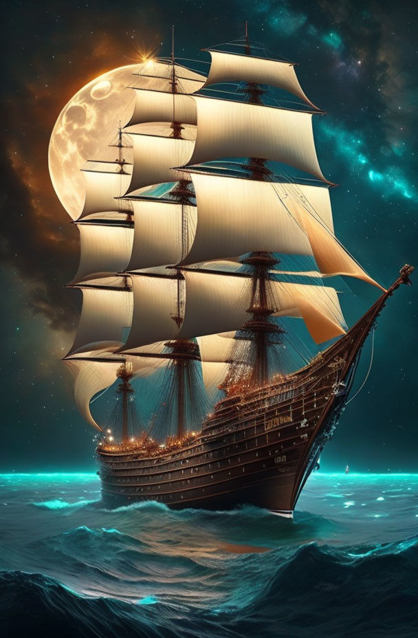 Sailing ship under full moon on luminous ocean