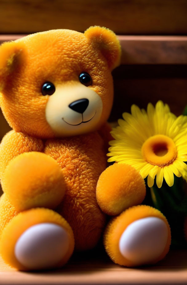 Orange Teddy Bear and Yellow Gerbera Flower in Warm Scene