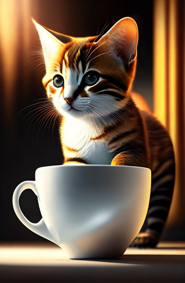 Brown and White Striped Kitten in White Cup Under Sunlight