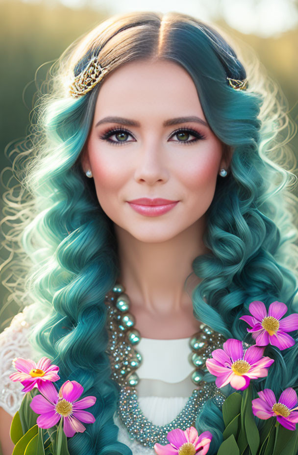 Vibrant turquoise hair woman with golden headpiece and floral adornments.