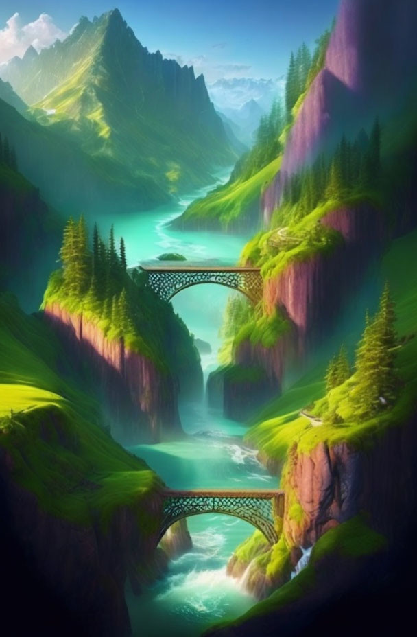 Serene river in lush valley with twin bridges, cliffs, and peaks