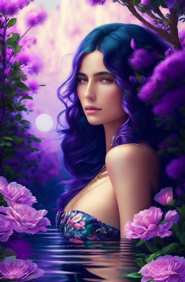 Digital Artwork: Woman with Blue and Purple Hair in Floral Fantasy Environment