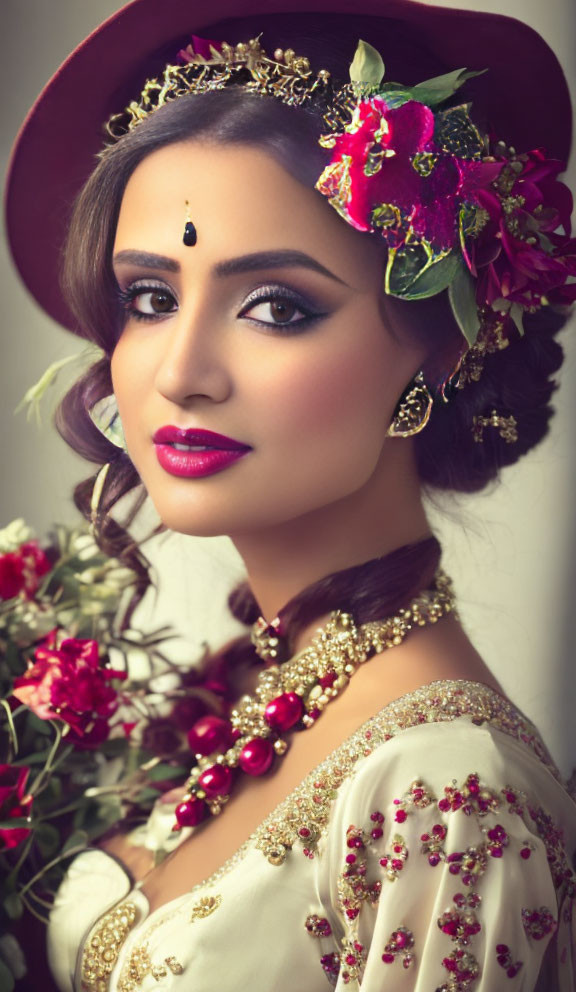 Traditional Outfit Woman with Red Hat and Gold Jewelry