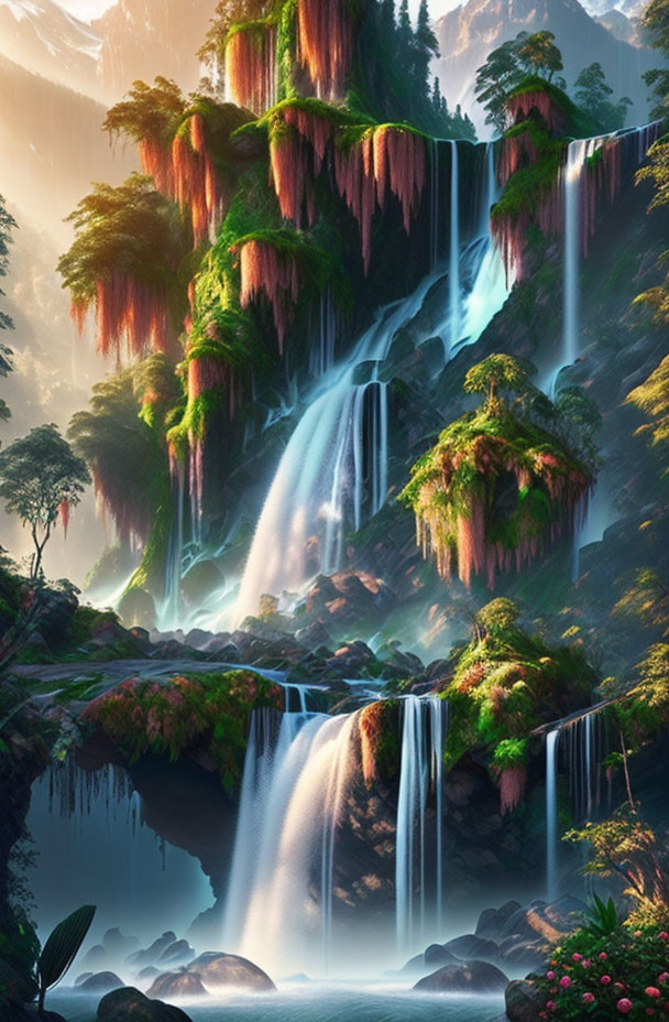 Tranquil forest waterfall with pink flora and mist-filtered sunlight