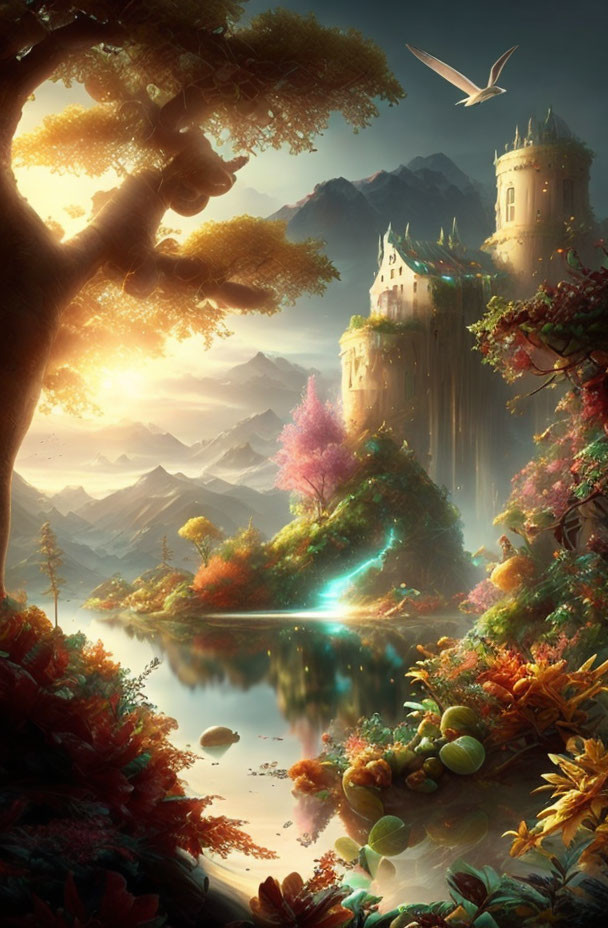 Fantasy landscape with castle, waterfall, forests, mountains, and bird in radiant light