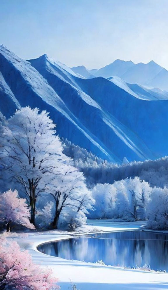 Snow-covered trees, frozen lake, and majestic mountains in serene winter landscape