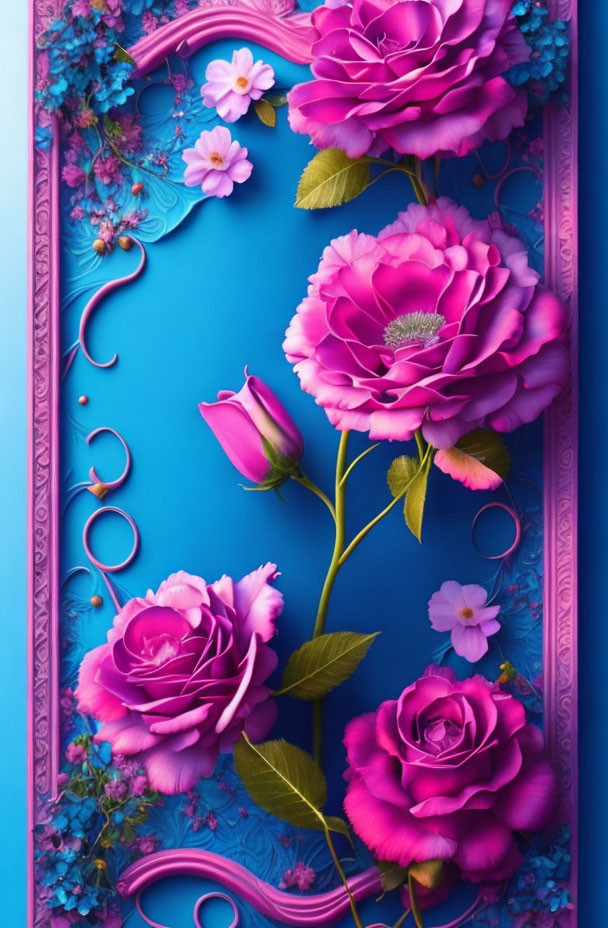 Pink Roses and Green Leaves in Blue Ornate Frame: A Striking Contrast