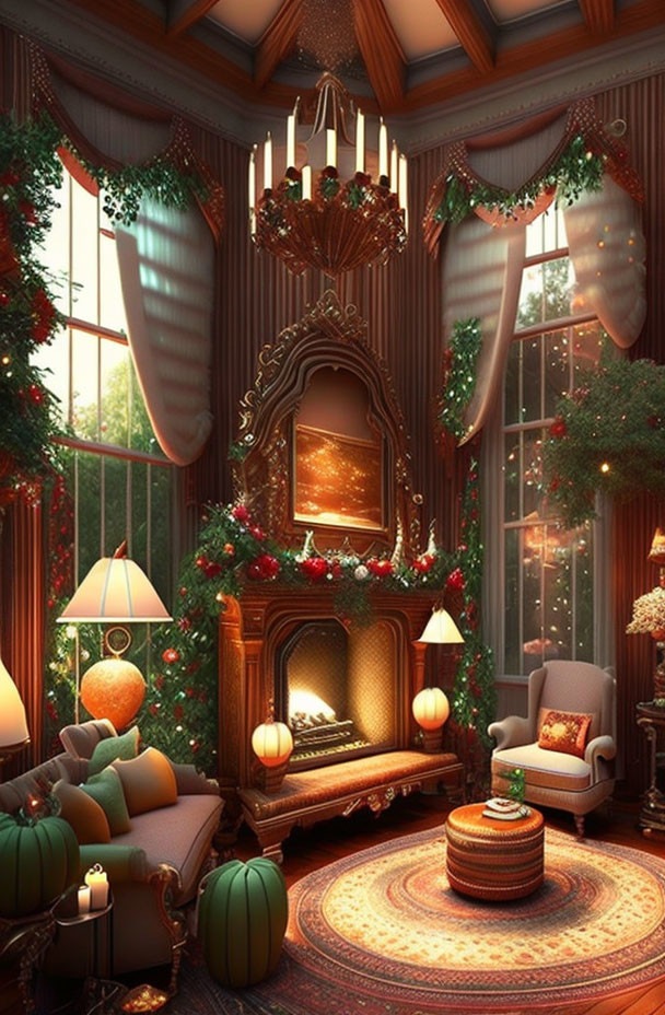 Festive Christmas-themed room with fireplace and tree