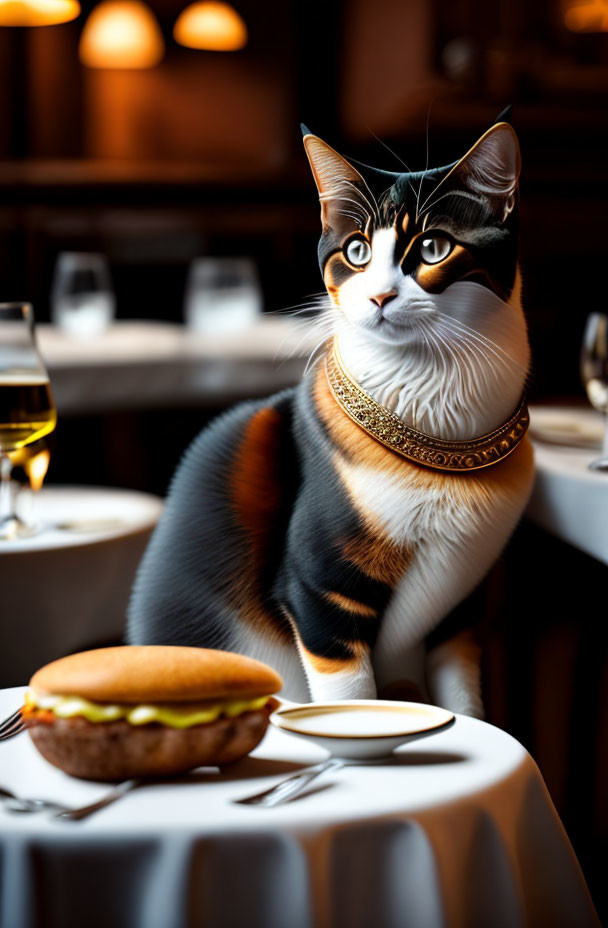 Strikingly marked cat at restaurant table with sandwich and wine