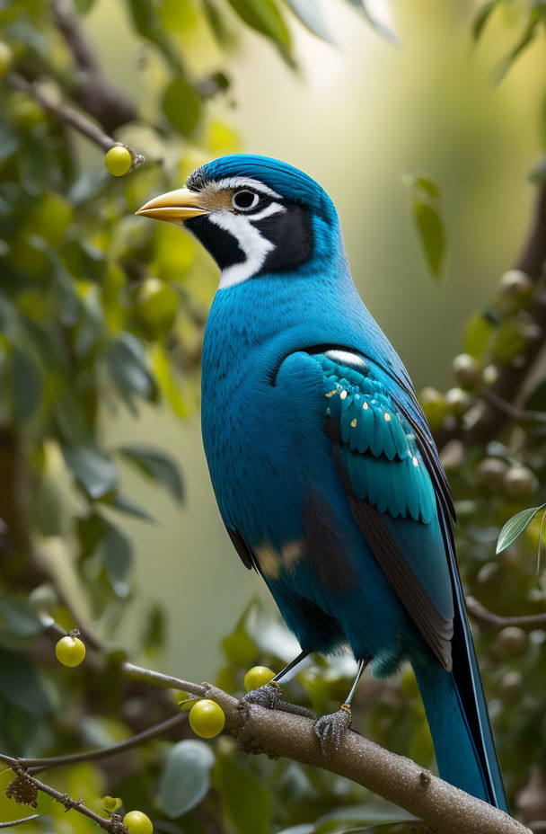 Colorful Blue Bird with Black and White Head on Branch with Green Leaves and Yellow Berries