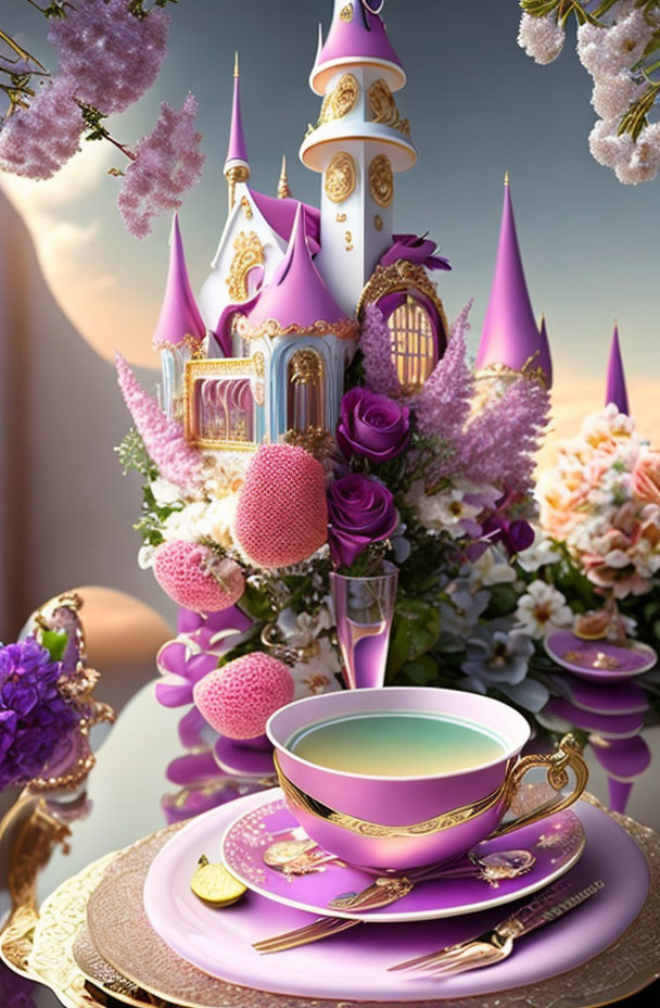 Purple and Golden Fantasy Castle with Teacup Set and Flowers