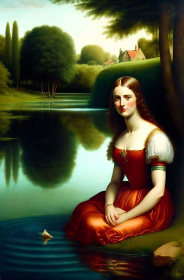 Woman in Red Dress by Calm Pond with Paper Boat and Greenery