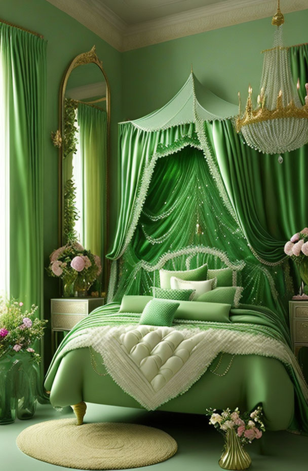 Luxurious Green-Themed Bedroom with Canopy Bed & Chandeliers