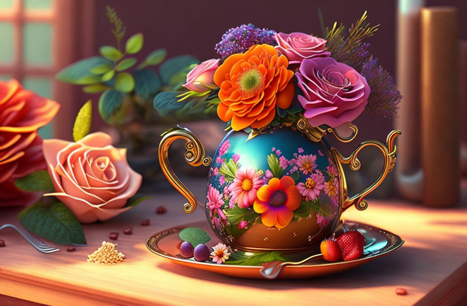 Colorful digital artwork: Floral-painted teapot with fresh flowers on wooden surface