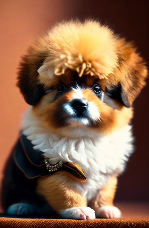 Tricolor fluffy puppy in stylish jacket with pearl accessory