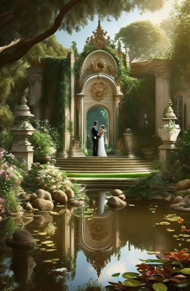 Couple embracing under ornate archway in lush garden setting