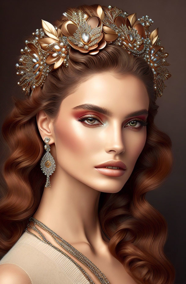 Elaborately styled hair with golden floral tiara and dramatic makeup.