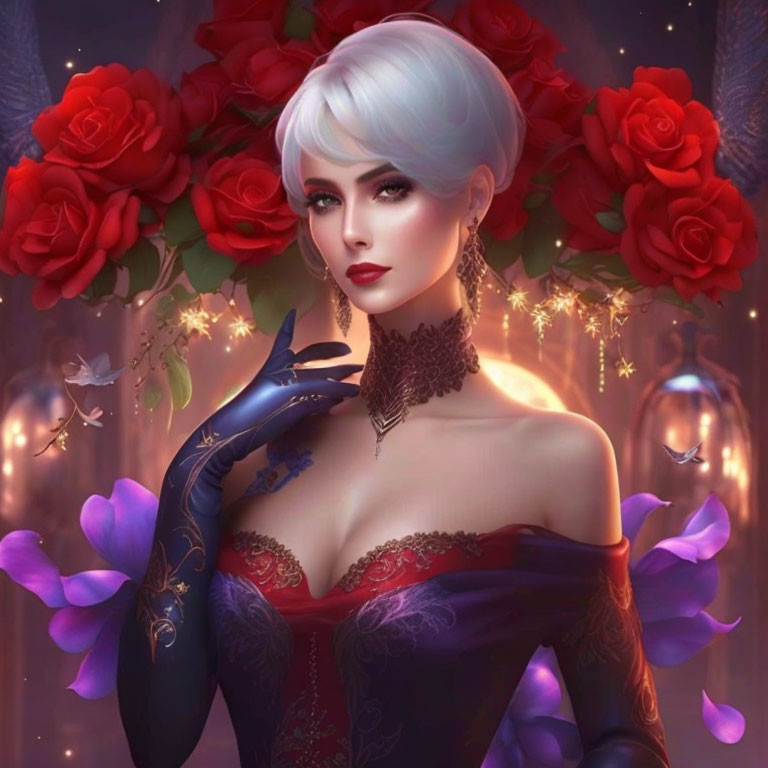 Illustrated woman with white hair, red roses, red dress, blue gloves, choker, lights