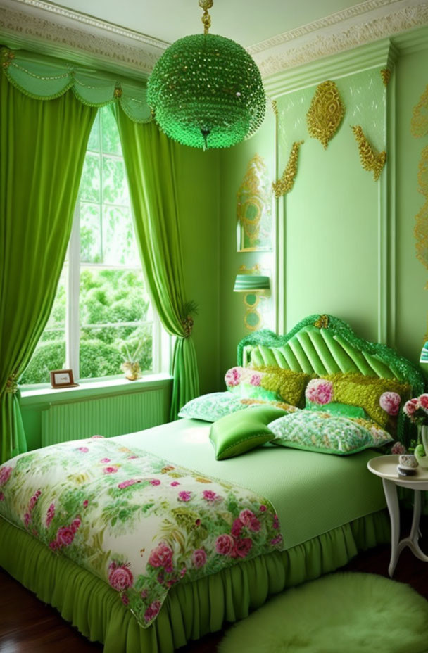 Green-themed Bedroom with Floral Bedding and Beaded Chandelier