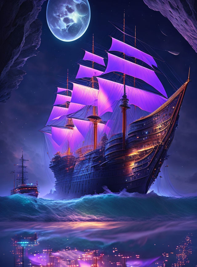 Majestic sailing ship with glowing purple sails navigating moonlit sea near cavern.