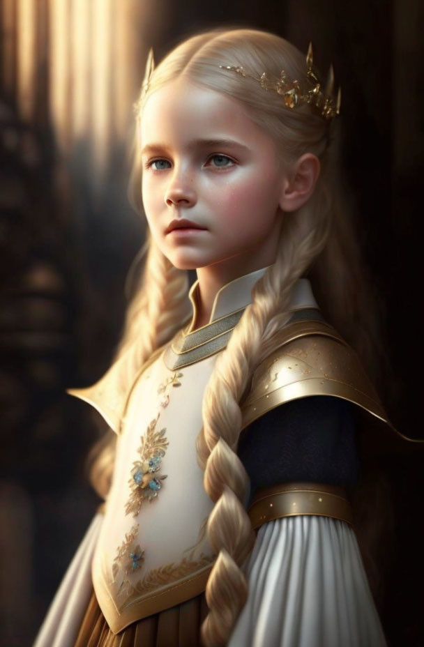 Young girl in gold crown and embroidered dress gazes thoughtfully.