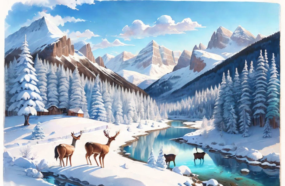 Winter Scene: Deer, River, Pine Trees, Mountains