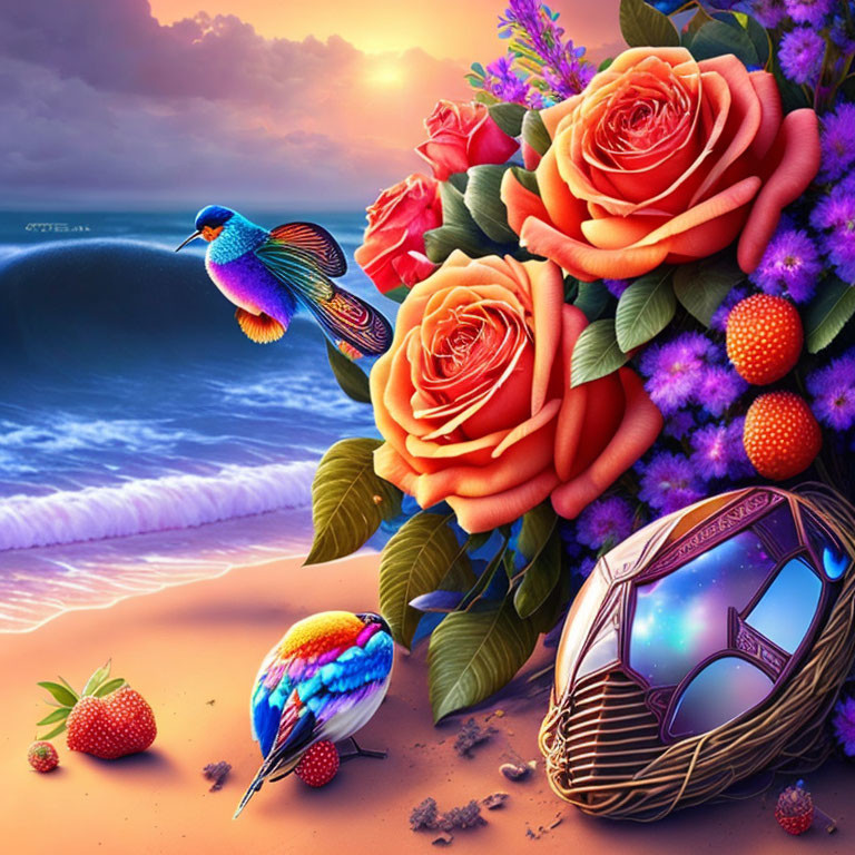 Colorful digital artwork: orange roses, birds, strawberries, futuristic helmet on beach at sunset.