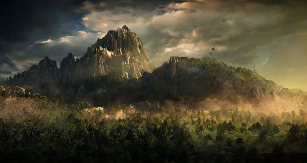 Majestic mountains under dramatic sky with mist over lush forest