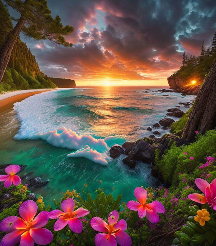 Scenic beach sunset with pink flowers, crashing waves, and colorful skies