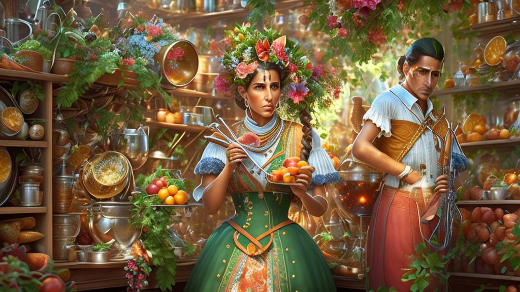 Colorful artwork featuring woman, man, fruit, lush greenery, and traditional attire.