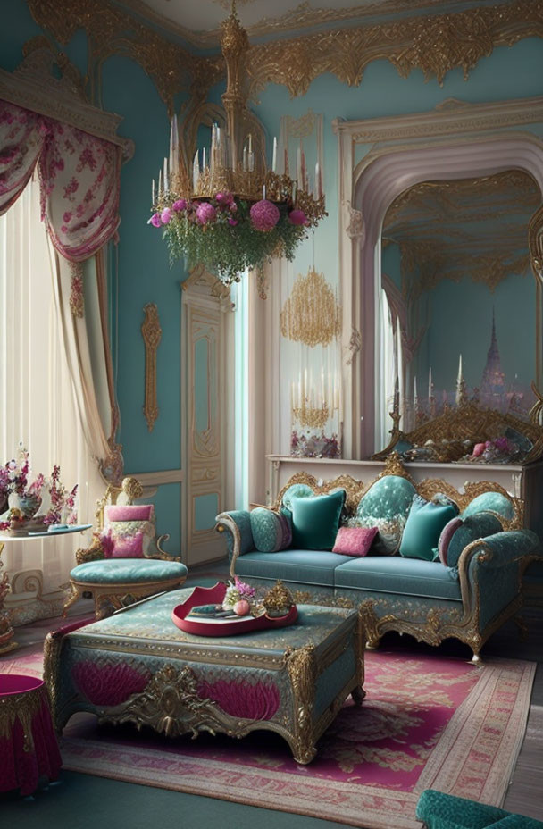 Luxurious Rococo-style room with turquoise walls and ornate gold moldings