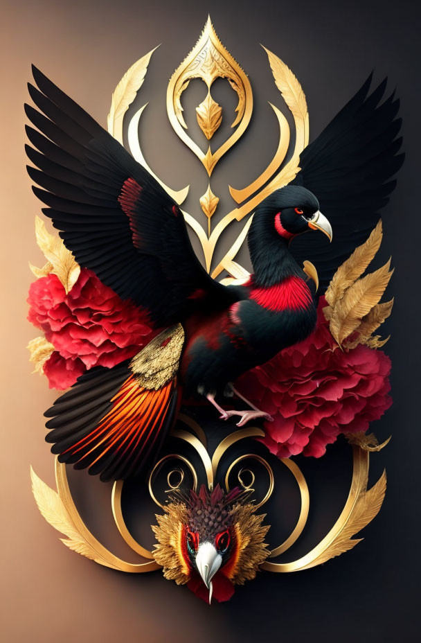 Two birds in flight amidst floral and golden designs.