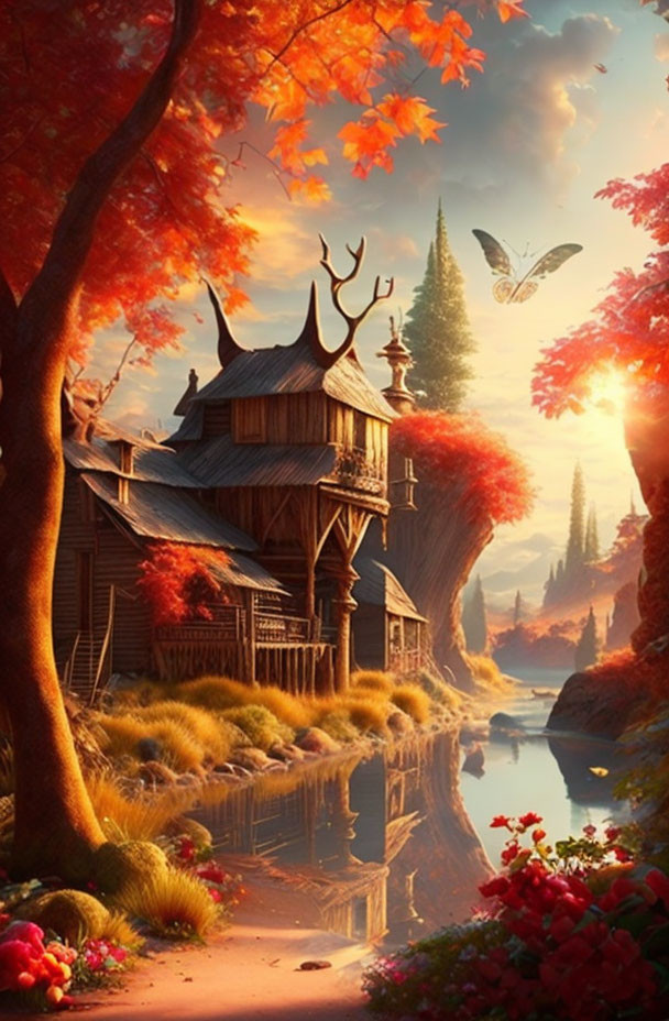 Scenic autumnal landscape with wooden house by river