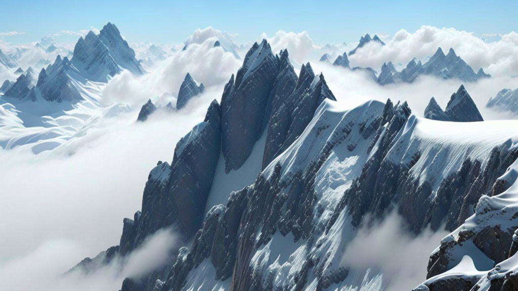 Snow-covered rugged mountain peaks under a blue sky with scattered clouds.