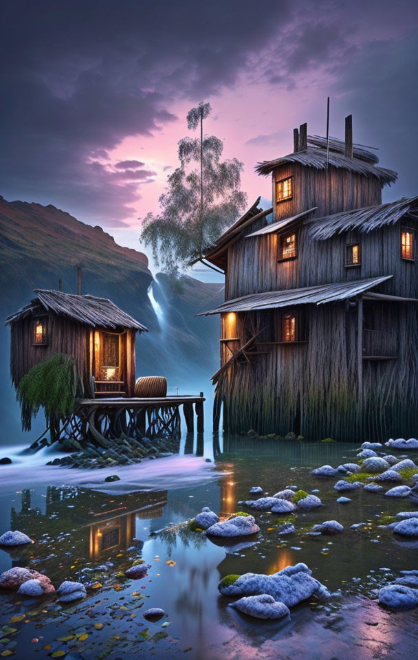 Tranquil lake at twilight with wooden huts, waterfall, and moss-covered stones