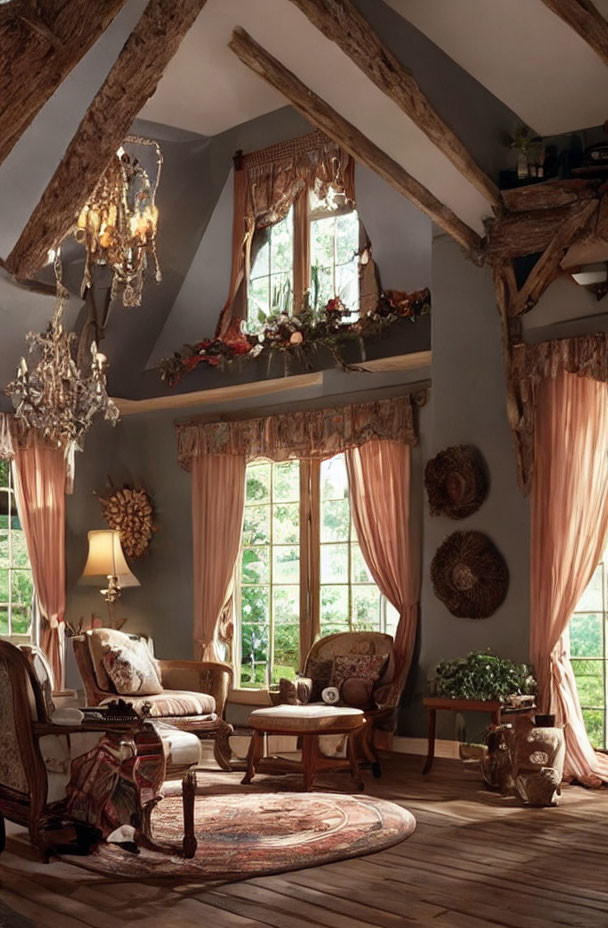 Traditional living room with wooden beams, chandeliers, plush seating, round rug, and large windows