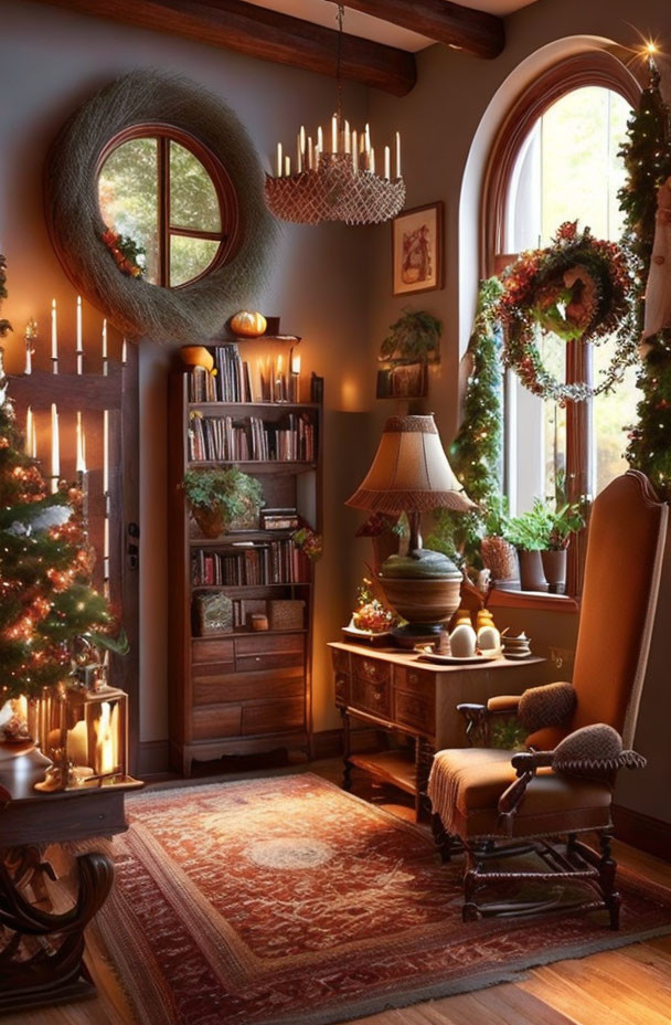 Warmly Lit Christmas-themed Room with Tree, Bookshelf, Mirror, and Wreaths