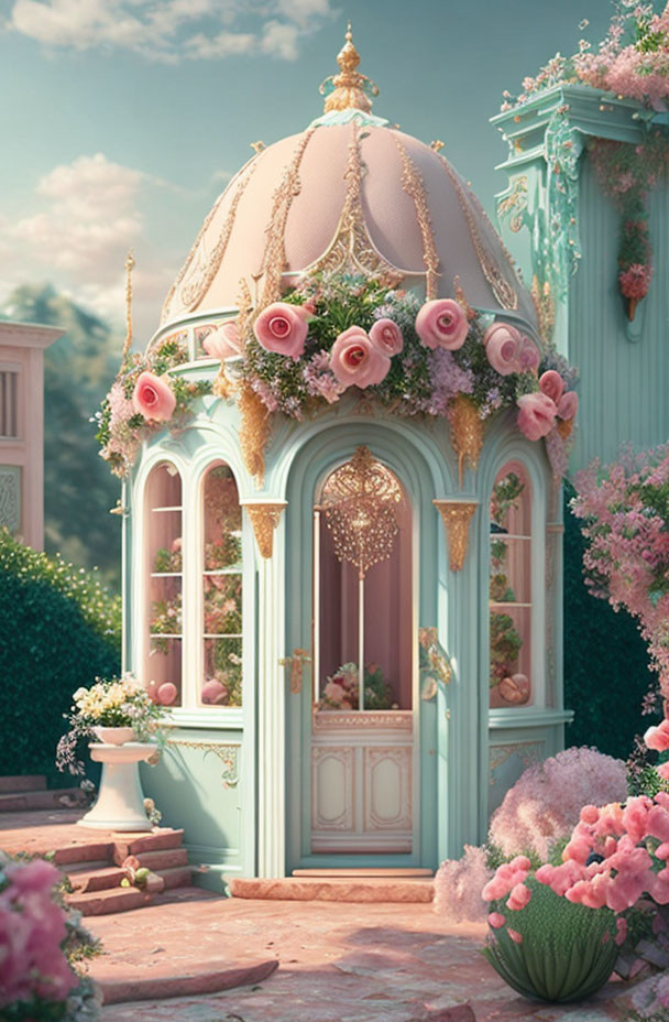 Pastel Garden Gazebo with Pink Roses and Gold Details